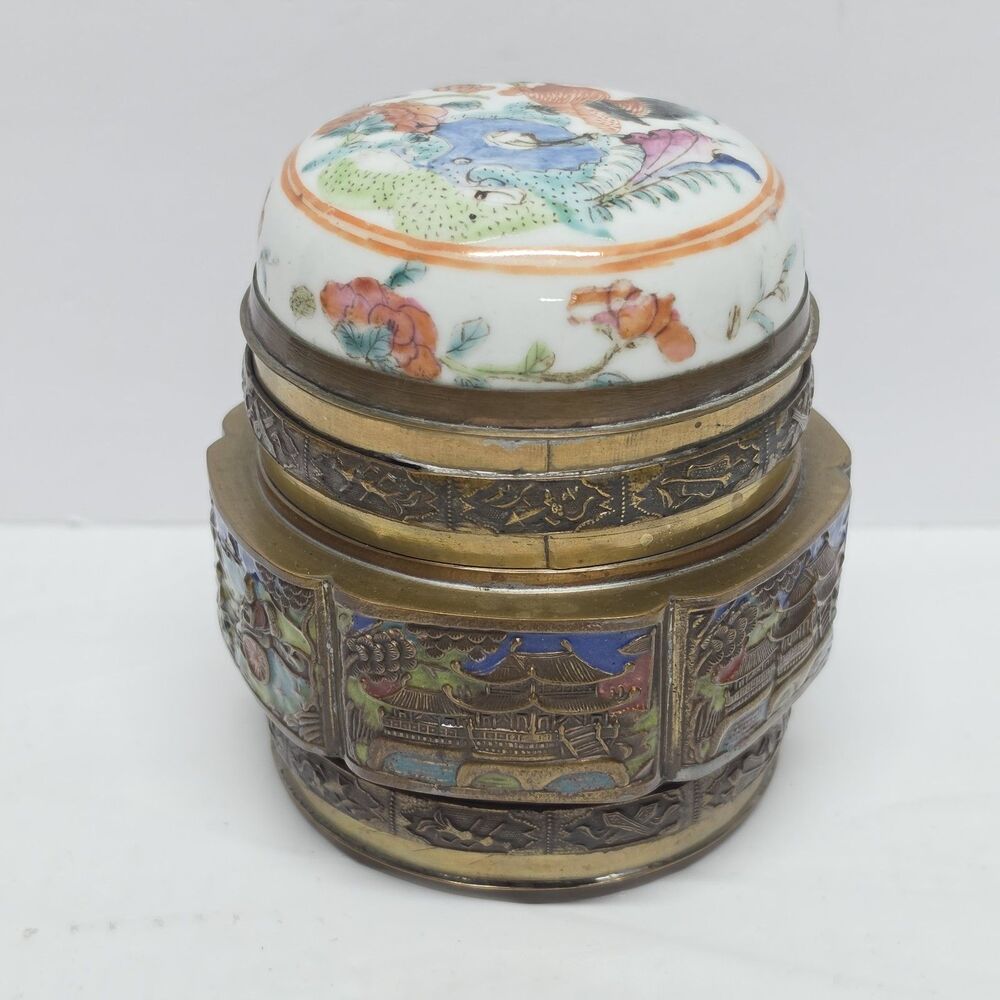 Antique Vintage Chinese Tea Caddy Snuff Trinket Box Brass Enamel Porcelain Lid